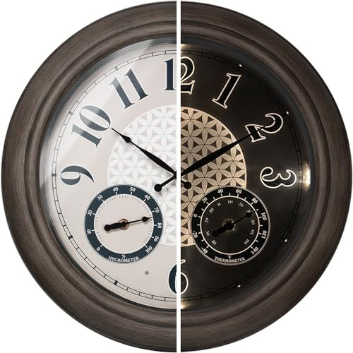 PRESENTIME & Co. Horloge Murale Lumineuse pour extérieur, étanche, décoration de Maison Vintage et élégante pour Jardin, terrasse et Piscine, avec thermomètre et hygromètre, Grande Taille, 45,6 cm