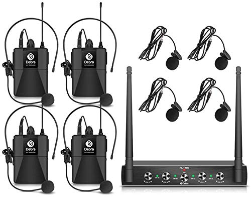 D Debra Wireless Microphone,AU400 UHF Funkmikrofonen System mit Bodypack Transmitter/Headset Funkmikrofon/Lavalier Ansteckmikrofonen für Gesang, Karaoke（4 Bodypack(A)）