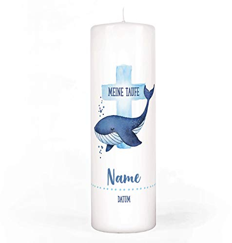 Striefchen® Taufkerze mit Wal und Kreuz bedruckt mit Namen u. Taufdatum sowie eigenen Taufspruch 8 x 25 cm