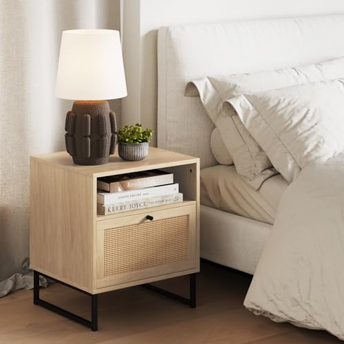Nathan James Mina Side, End Table Wood Finish & Matte Accents with Storage for Living Room or Nightstand, Bedroom, Natural Oak/Black