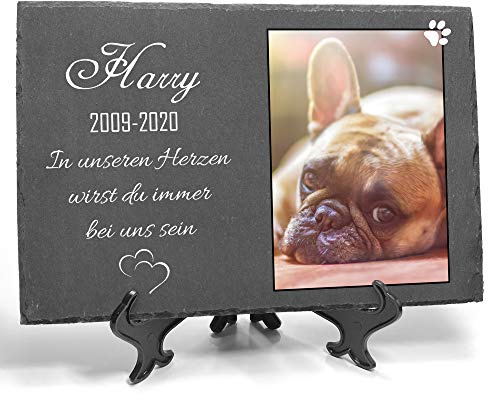 TULLUN Individueller Personalisiert Tiergrabstein Schiefer Gedenkstein + Ständer für Hund, Katze, Kaninchen und andere Haustiere - Größe 20 x 30 cm - Personalisiert Text und Foto