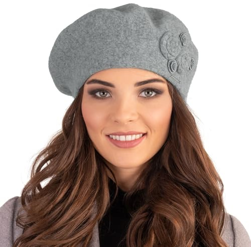 VIVISENCE Baskenmütze Damen Winter Elegante Mit Klassischem Herbst Frauen Mütze Schnitt Warmer Wollmischung Floraler Applikation Perfekter Passform Ideal Für Kalte Tage Modell 7037