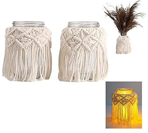 Kerzenständer Makramee Girlande, Windlichter Deko Kerzen, Beige Boho Deko Balkon Für Kerzen Und Trockenblumen (2pc-12.5x6.5)
