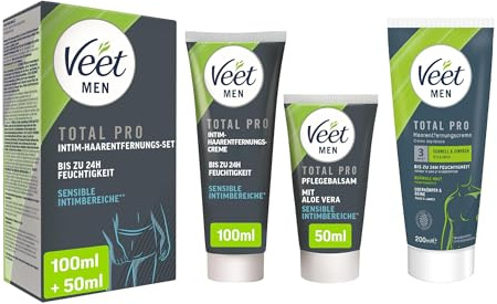 Veet Intim-Haarentfernungs-Set – speziell für den sensiblen Intimbereich – Intim-Haarentfernungscreme (100ml) mit Spatel + Pflegebalsam (50 ml) + Veet for Men Haarentfernungs-Creme Power Effect 200ml