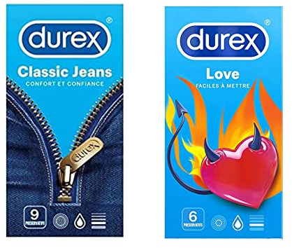 Durex - Lot de 2 Boîtes de Préservatifs - Classic Jeans x9 - Love x6