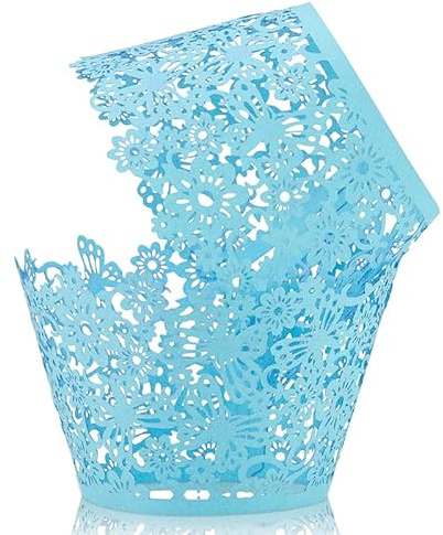 KOSTOO Cupcake-Förmchen, 50 Stück/Packung, Spitzen-Cupcake-Einlagen, lasergeschnitten, Cupcake-Papiere, Cupcake-Muffinförmchen für Weihnachten/Hochzeit/Geburtstag, Party-Dekoration (Himmelblau)