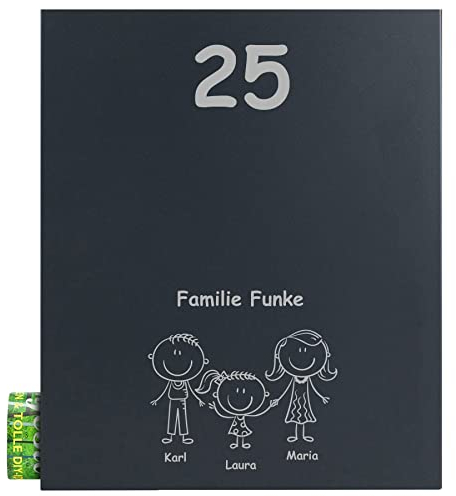 MOCAVI Box 111 Briefkasten mit Zeitungsrolle anthrazit-grau mit lustigem Motiv Familie Name und Hausnummer Postkasten, rostfrei, Wand-Briefkasten mit Zeitungsfach, deutsche Markenqualität NF14b