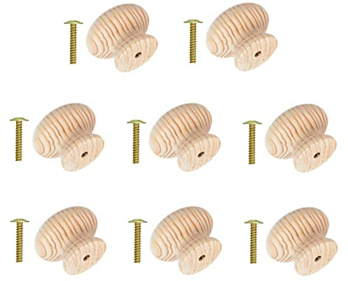 TERF® Lot de 8 boutons de porte de placard traditionnels en pin non laqué 45 mm avec boulon et insert en bois pour commode, tiroir, placard, cuisine, armoire, porte pour la maison et le bureau