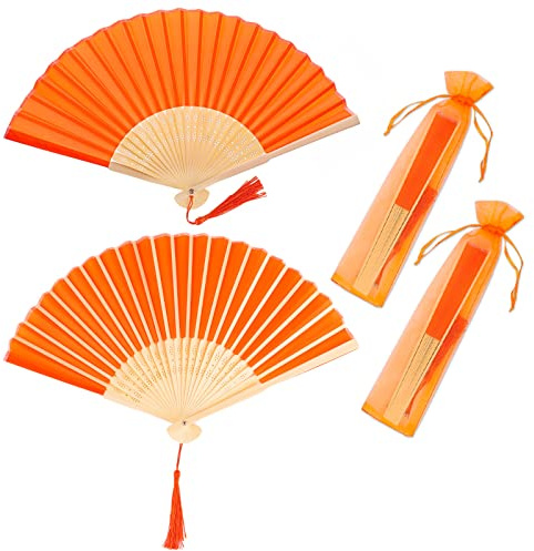 Vaktop Handfächer, 2er Klein Handfächer aus Stoff für eine Abkühlung im Sommer, Faltbar Fächer mit Quaste und Fan-Tasche - für Hochzeite Bevorzugung Aufführung Tanz Dekoration (Orange)