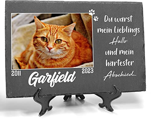TULLUN Individueller Personalisiert Tiergrabstein Schiefer Gedenkstein + Ständer für Hund, Katze, Kaninchen und andere Haustiere - Größe 20 x 30 cm - Großes Foto