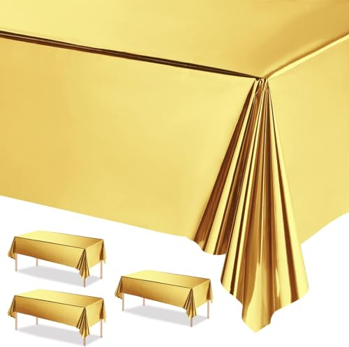 3 manteles de papel de aluminio dorado metálico, 137 x 274 cm, mantel rectangular para fiesta, vajilla dorada, decoración de mesa dorada para Navidad, boda, cumpleaños, día de San Valentín,