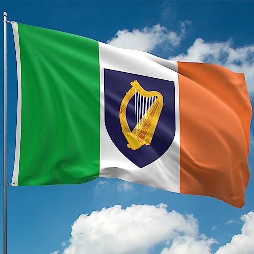 Irische Flagge – Irland-Flagge mit Wappen, Harfe – dreifarbige Flagge – doppelseitiger Digitaldruck – 110 Den dickes Polyester – doppelte Naht – 2 Messingösen, groß 1,5 m x 0,9 m
