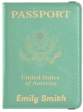 Personalisierte Reisepasshülle, Brieftasche, Kombi, individueller Name, PU-Leder, Reisepass, Impfkarten-Schutz für Damen und Herren, Reisegeschenk, Salbeigrün, Einheitsgröße