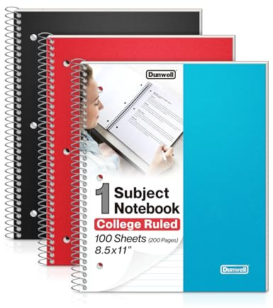 Dunwell 1 Subject College Ruled Notebooks, (3-Pack, Red, Blue, Black) Spiral Notebooks 8.5 x 11, Plastic Covers, Poly Pocket Dividers, 100 Sheets (200 Pages), 3-Hole Punched Perforated Paper