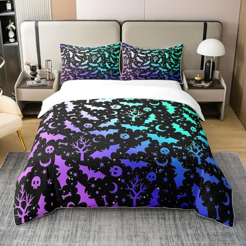 richhome Happy Halloween Thema 100% Bio-Baumwolle Tröster Bezug Fledermaus Skelett Sonne und Mond Bettbezug Set 200x200 Neon Star Galaxy Bettwäsche Set mit 2 Kissenbezügen