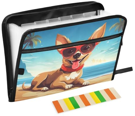 Dokumentenmappe mit 13 Fächern, mit Etiketten, A4-Papier, Dokumentenmappe, Akkordeon-Ordner, Reißverschluss, Motiv: Hund am Strand