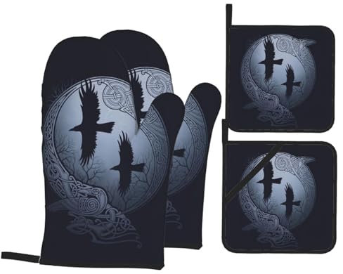 4 Stück Topflappen-Set Nordische Mythologie Skandinavische Rune Odin Oven Gloves Thermoisolierung Ofen Mitts Rutschfestes Ofen Mitt Für Die Küche, Zum Grillen, Backen