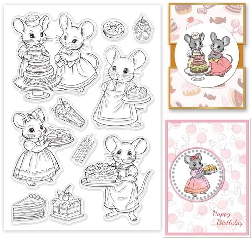 GLOBLELAND Cartoon Chef Mouse Clear Stamps for Card Making Sweet Dessert Birthday Cake Silicone Clear Stamps Birthday Wishes Transparent Stamp for DIY Scrapbooking Photo Album Decorative