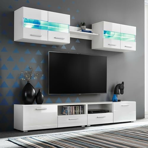 Buzaza 5-TLG. TV-Wohnwand-Set mit LED-Leuchten Hochglanz-Weiß Lowboard Wohnzimmer Wohnzimmer MöBel Set
