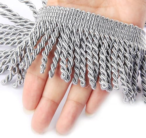 Fenghuangwu Flecos para Cortinas Fleco de Pasamanería 5/10 Yardas x 2.5 Pulgadas Adornos de Tela Costura Decoración DIY para Cortina Sofá Ropa (Plata Claro, 5 Yardas)