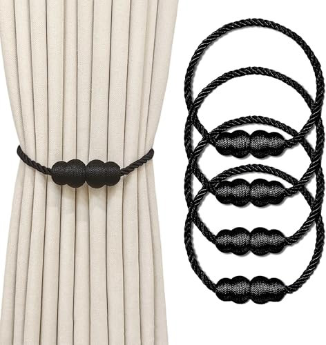 TogtherKings 4 Stück Magnetische Gardinen Raffhalter, Magneten Vorhang Halter Raffhalter, Vorhang Raffhalter, Vorhang Binder Gardinenhalter, für Zuhause Schlafzimmer Büro Dekorativer Vorhang(Schwarz)