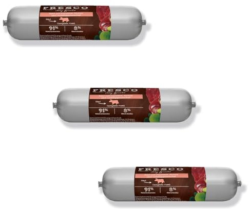 FRESCO Barf Salchichas Complete Menú de ternera con zanahorias, peras y mejillones de labios verdes, 3 unidades de 400 g, alimento completo para perros, alto contenido en proteínas, sin aditivos
