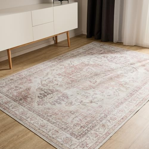 benuta Basic Waschbarer Teppich George - Rosa/Beige 160x230 cm - Kunstfaser - Rechteckig & im Style: Vintage, Elegant, Retro - Pflegeleicht für Wohnzimmer Schlafzimmer