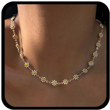 Cybche Collier Ras De Cou Marguerite Vintage Collier De Fleurs Marguerite Blanche Collier De Perles De Fleurs Collier Floral En Émail Chaîne Collier Floral En Or Bijoux Pour Femmes