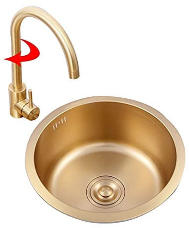 TMKDNNKG Lavelli da Cucina Lavabi Rotondi Dorati Lavabi da Bagno Lavabo Piccolo da Incasso Dorato in Acciaio Inox Lavabo Singolo Lavabo sottopiano (Colore: Dorato (con Rubinetto)