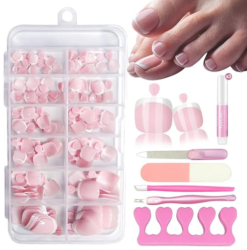 120 Stück Falsche Fußnägel Kit - Französisch Natürliche Künstlich Zehennägel zum Aufkleben - Vollständige Abdeckung Falsche Zehennägel Set, Fake nails für Nail Art DIY (Pink French)