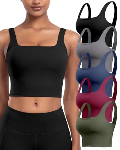 Womens Sports Bras 5 Packs - Square Neck Longline Workout Crop Tank Tops Padded Yoga Camisole with Built in Pads (BlackGreyNavyWineJGreen, M)