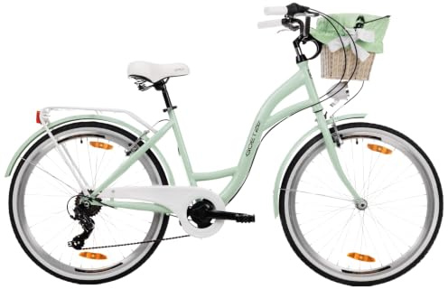 Goetze Mood Damen Fahrrad, City Bike 26/28 Zoll, 6/7-Gang mit Korb | Tiefeinstieg, Shimano-Antrieb, V-Brakes, LED-Beleuchtung, Reflektoren, komplett ausgestattet