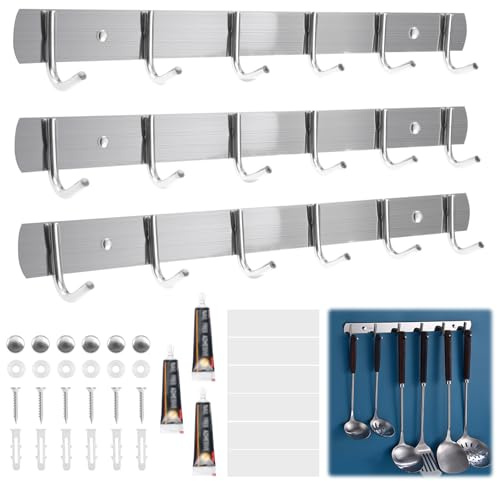 3 Stück Hakenleiste Kleiderhaken 31cm mit 6 Haken, Schrauben und Kleber Kleiderhaken Wand Edelstahl Wasserdicht Garderobenhaken Edelstahl für Kleidung Taschen Hüte, für Schlafzimmer, Badezimmer, Küche