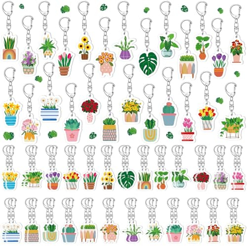 Landical 50 Pcs Plant Keychain Bulk Spring Floral Keychain Acrylic Flower Plant Pot Spring Key Ring Gifts for Mom Mother's Day Handbag Bag Earphone Case Decoration Purse Accessories