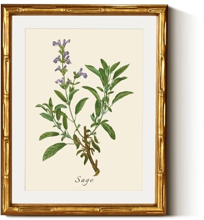 InSimSea Gold Bamboo Framed Canvas Wall Art, Vintage Watercolor Sage Herbs Prints, Antique Picture Frame with Mat, Victorian Home Wall Decor for Kitchen Dining Living Room Bedroom, 11x14inch