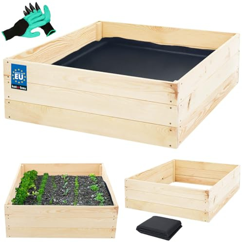 KOTARBAU® Hochbeet für Garten - 120 x 120 x 27 cm - Gemüsebeet - Pflanzkasten mit Vlies - Kräuterbeet + Handschuhe mit Krallen - Blumenkasten aus Kiefernholz - Natürlich