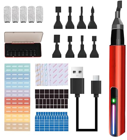 Lijadora Eléctrica Mini - 8 Cabezales + 12 Hojas Abrasivas (180-1000) USB Recargable con Estuche (Rojo)