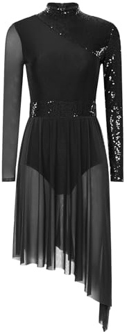 Mufeng Damen Ballettkleid Glänzend Pailletten Eiskunstlauf Kleid Langarm Rollschuhkleid mit Asymmetrisch Rock Lyrisch Tanzkleid Schwarz M