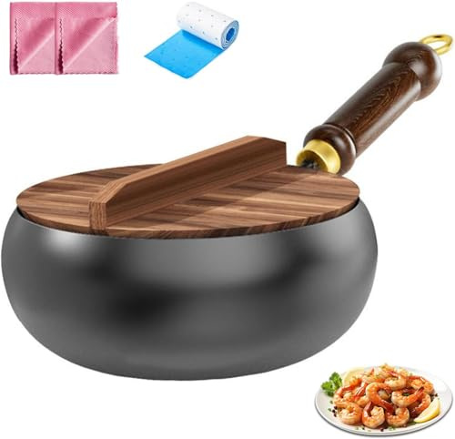 Padella in ferro giapponese forgiato, senza rivestimento, pentola in ferro forgiato a mano tradizionalmente con coperchio in legno/copertura in vetro (copertura in legno, 30 cm)