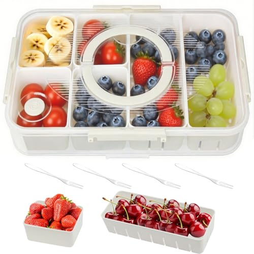 Bailtouk Bandeja para Aperitivos con Tapa, Caja Organizadora Aperitivo con 6 Compartimentos, Plato de Aperitivo con 4 Tenedores Apto para Lavavajillas para Dulces, Galletas, Nueces, Frutas y Postres