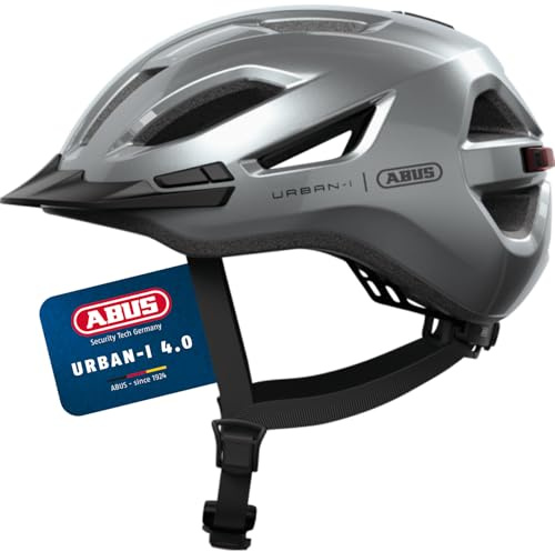 ABUS Casco da città Urban-I 4.0 - Casco da bicicletta con luce posteriore ricaricabile, 2 modalità di illuminazione, visiera e chiusura magnetica - per adolescenti, donne e uomini - taglia XL, argento