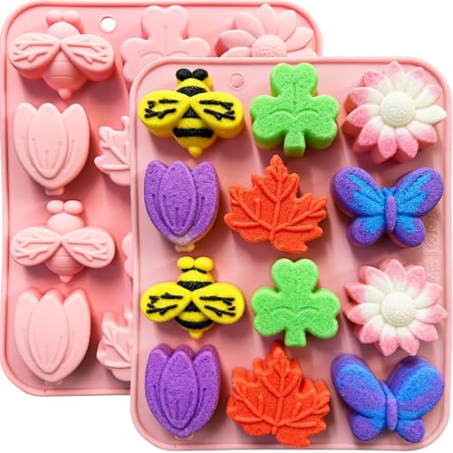 2 Pack Flower Silicone Mold for Baking, Flower Candy Chocolate Molds Sunflower Clover Leaf Butterfly Bee Cake Desserts Mold Ice Cube Soap Jello Candle Mould for DIY Craft Cookie Cupcake Decor