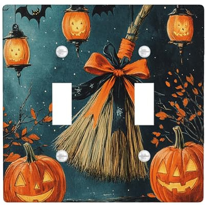 Halloween Witch Magic Broom Decorative Light Switch Cover Wall Plate 2 Gang Double Toggle, Scary Pumpkin Witchy Lantern Electrical Faceplate for Room, Fun Happy Switchcover Switchplate