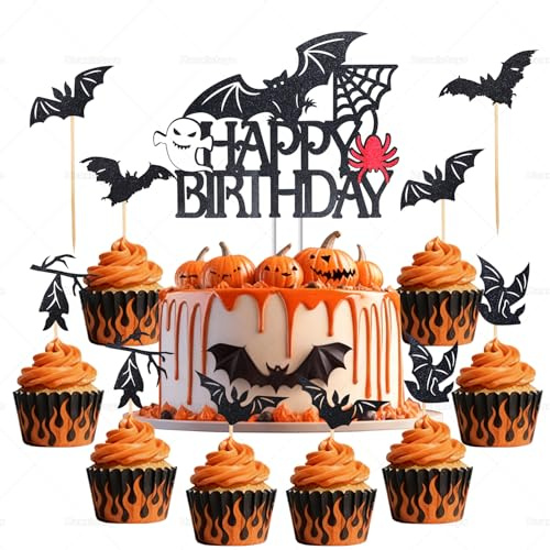 Huaxintoys 25 Stück Fledermaus Cupcake Toppers, Fledermaus Tortendeko, Halloween Kuchen Dekoration, Doppelseitiges Blinken Muffin Dekoration for Halloween Baby Birthday Party Cake Decorations Supplies