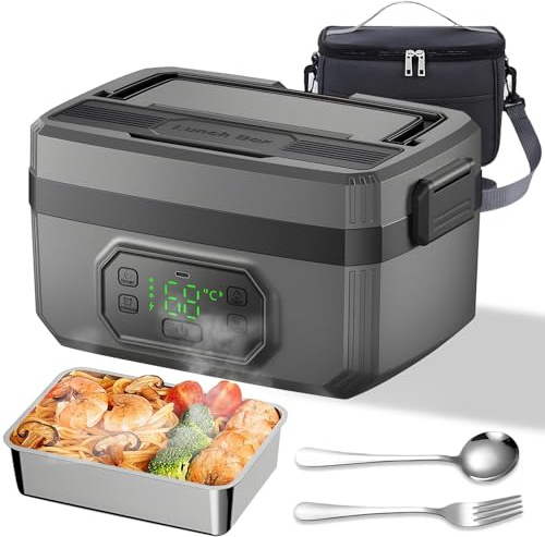 Elektrische Lunchbox 1,6 L 24000 mAh, herausnehmbar 304 Edelstahl-Behälter & Fächer, doppelter Auslaufschutz, Brotdose mit Zeitplanung & Terminfunktion, Typ-C Schnellladung, Isoliertasche Gabel Löffel