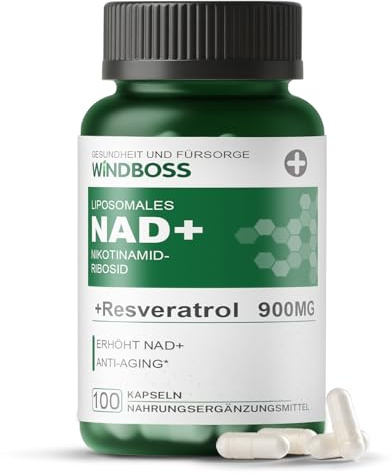 Windboss NAD+ Liposomal NR 900mg, Ergänzung mit Nicotinamid-Ribosid, Quercetin Phytosome, Resveratrol, Supplements Hoch bioverfügbar für Energie, Haut & Vitalität, NAD Booster 100 Kapseln