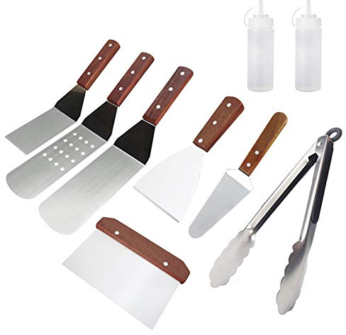 9PCs Flat Top Grill Accessories Kit - Stainless Steel Barbecue Utensils with Burger Spatula Scraper Pizza Slice Server Flipper Chopper Tongs and Liquid Squeeze Bottle for Outdoor BBQ Teppanyaki Campin