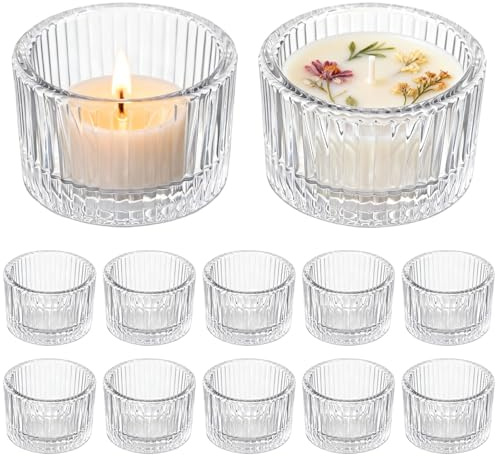 12 Piezas Portavelas de Cristal, Vasos para Velas de Té 5x3.5cm Transparentes, Estilo Vintage para Aromaterapia y DIY, Ideales para Bodas, Fiestas, Hogar, Camping