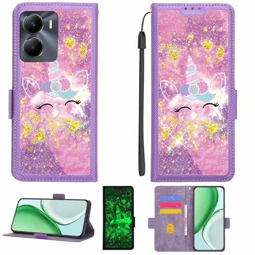 Kinetijy Coque Compatible pour Vivo Y53t 5G Coque Étui Housse Case Support [avec Film Protecteur HD d'une dureté de 9H] [Blocage RFID][Paillettes dorées + Brillantes] LPT-DJS