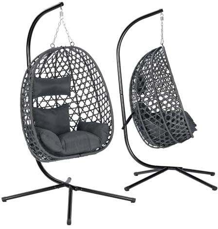WOLTU Silla Colgante, Hamaca Columpio con Cojín y Reposacabezas, Aspecto Ratán PE y Estructura de Metal, Carga 150 kg, para Jardín, Patio y Terraza, 102x100x196 cm, Gris